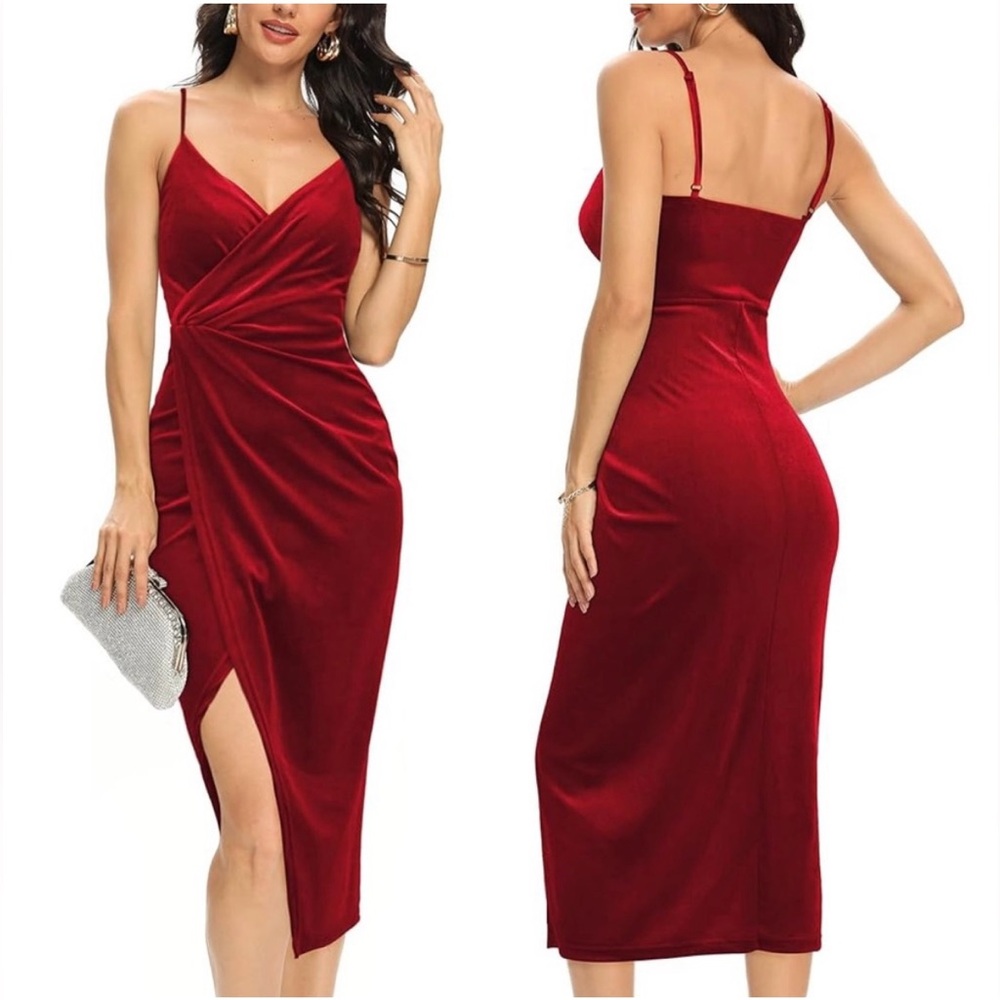 Velvet Wrap Ruched Slit Bodycon Midi Cocktail Party Dress